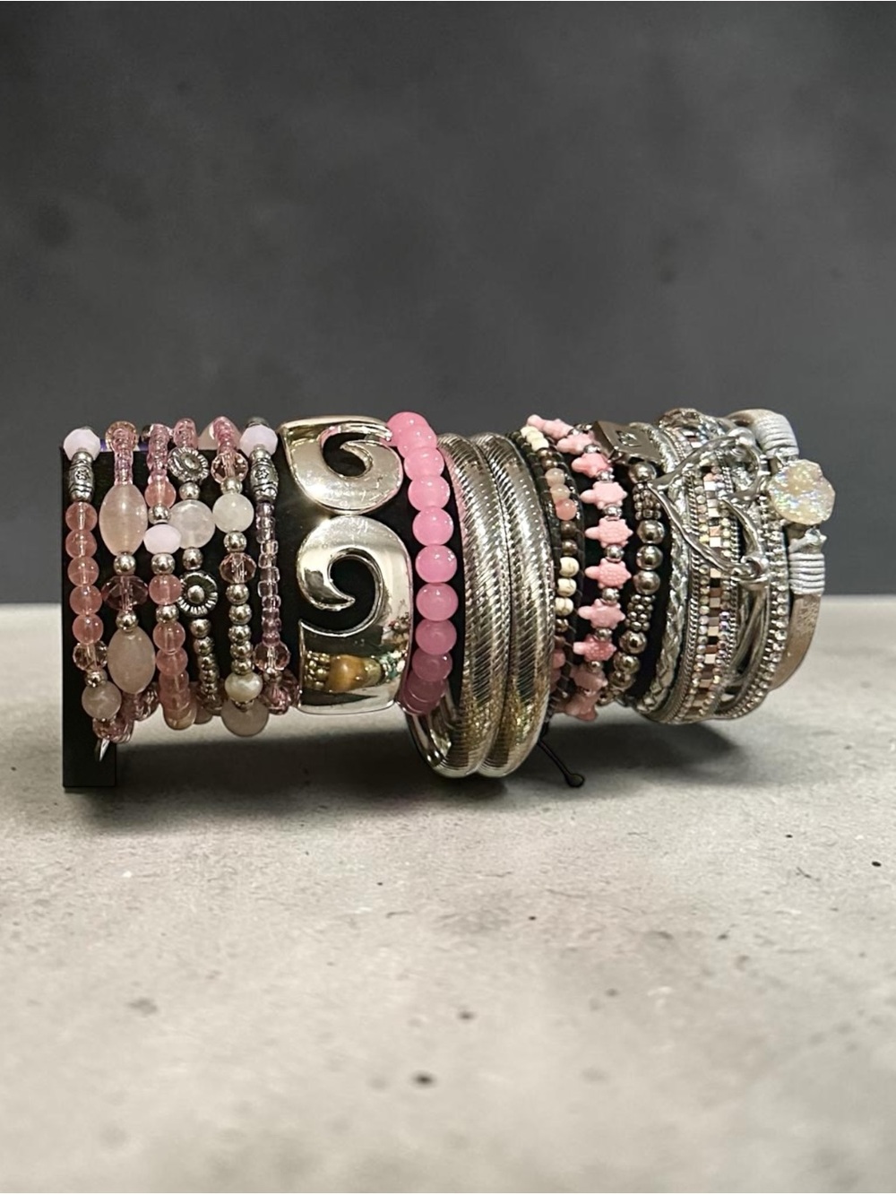 Signature Faith Pink & Silver Bracelet Stack • Curated Boho Layered Beaded